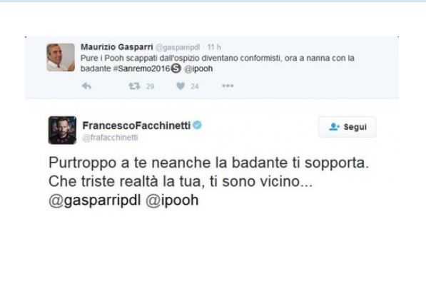 Sanremo Gasparri critica i Pooh con un tweet, Francesco Facchinetti risponde