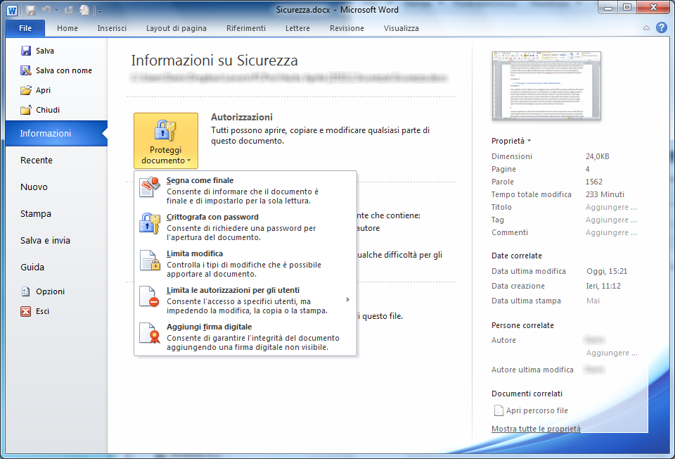Come mettere password a file word