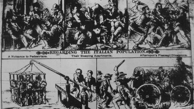 La vignetta razzista anti - italiana pubblicata sul quotidiano The Mascot nel 1888 La vignetta razzista anti - italiana pubblicata sul quotidiano The Mascot nel 1888