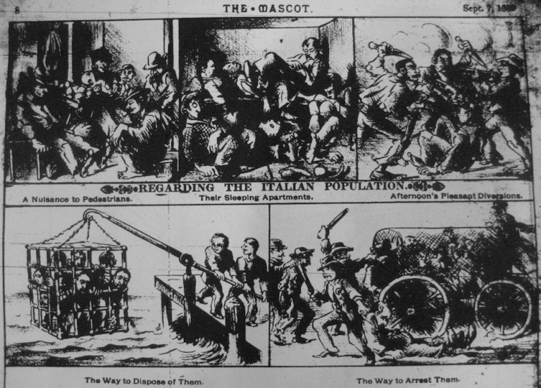 La vignetta razzista anti - italiana pubblicata sul quotidiano The Mascot nel 1888 La vignetta razzista anti - italiana pubblicata sul quotidiano The Mascot nel 1888
