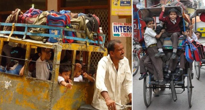 Nuova Delhi scuolabus: è un risciò che trasporta 10 bambini Nuova Delhi scuolabus: è un risciò che trasporta 10 bambini