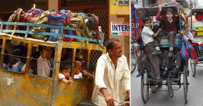 Nuova Delhi scuolabus: è un risciò che trasporta 10 bambini Nuova Delhi scuolabus: è un risciò che trasporta 10 bambini