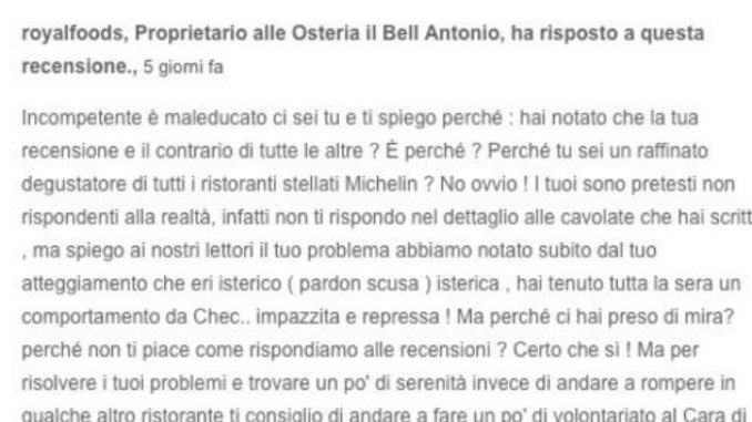 Ristoratore replica al cliente genovese su Tripadvisor Checca impazzita e repressa Tripadvisor