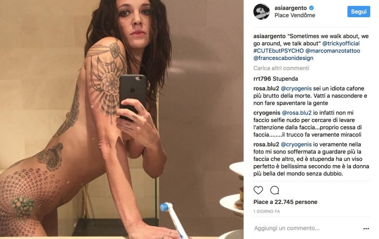 Asia Argento completamente nuda su Instagram: gli apprezzamenti dei fan Asia Argento