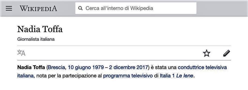 Wikipedia annuncia falsamente la morte di Nadia Toffa