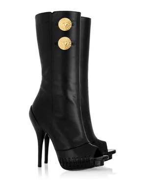 Versace: stivali neri peep-toe con due bottoni d'oro, Collezione Autunno/Inverno 2011/2012