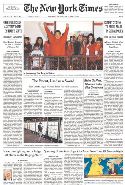la prima pagina del times di lunedi o8 ottobre