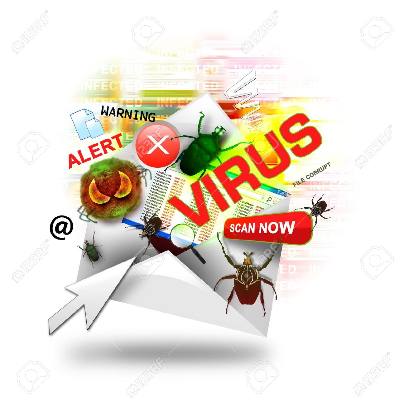17352410 a internet email is open with various computer virus icons around it there is a white background use