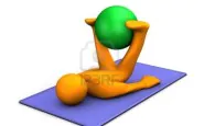 12038021 personaggio dei cartoni animati arancione fa ginnastica con la palla medica sul tappeto blu