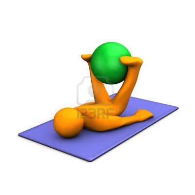 12038021 personaggio dei cartoni animati arancione fa ginnastica con la palla medica sul tappeto blu
