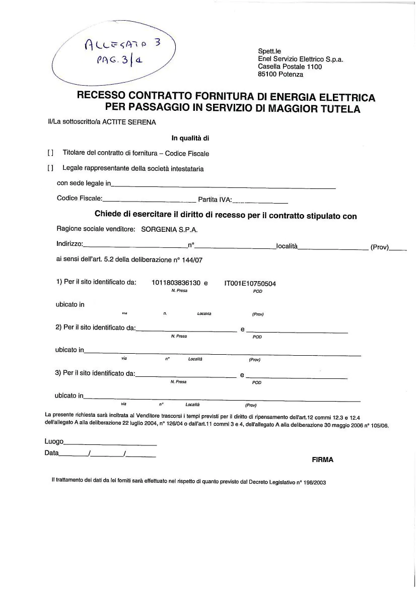 Esempio lettera di recesso da un contratto