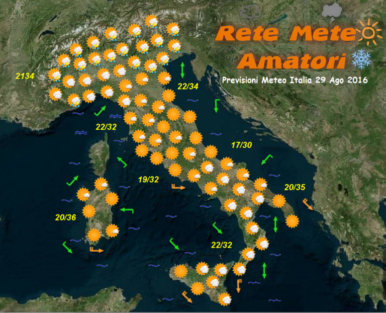 Previsioni meteo lunedì 29 agosto (2016)