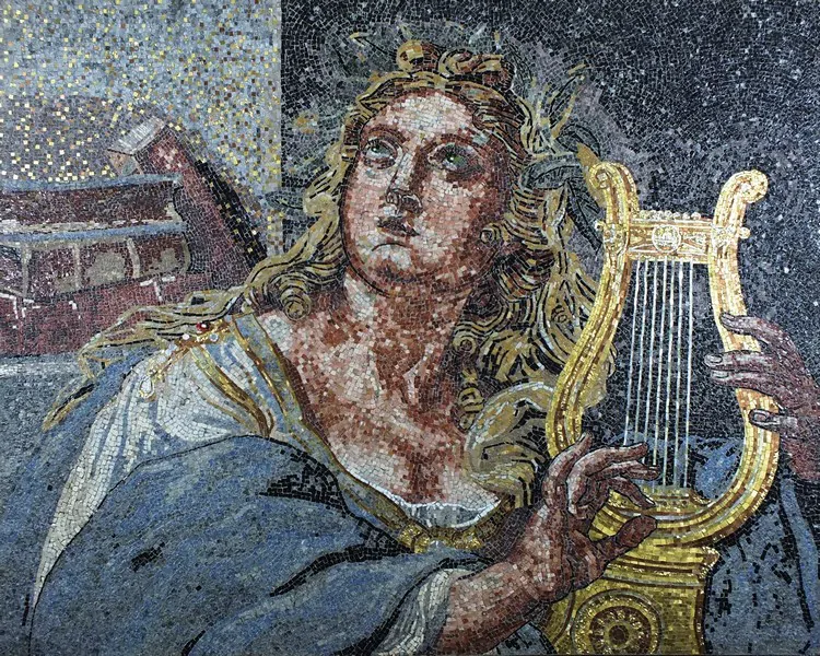 Barbara Giavelli Vittoria Giulia tributo a Raffaello Musa Euterpe 2004 mosaico in marmo smalto e oro 24Kt cm. 113x905 Copia