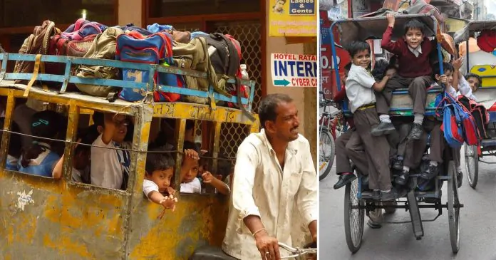 Nuova Delhi scuolabus: è un risciò che trasporta 10 bambini
