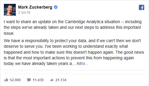Il post di Mark Zuckerberg