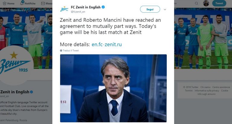 Roberto Mancini- Zenit San Pietroburgo: ufficiale la risoluzione contrattuale