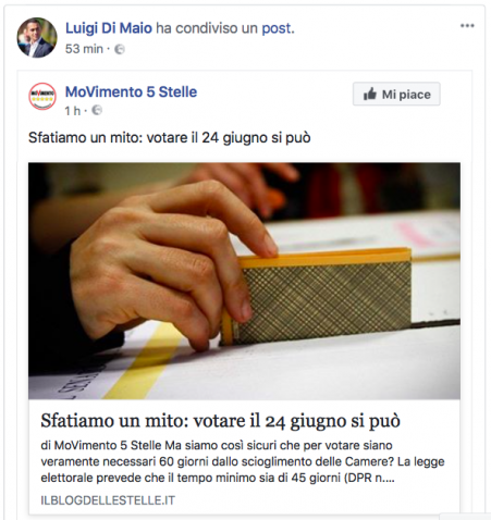 Di Maio commenta le elezioni anticipate su FB