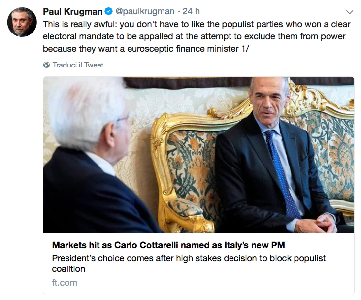 Il primo tweet di Krugman contro Mattarella