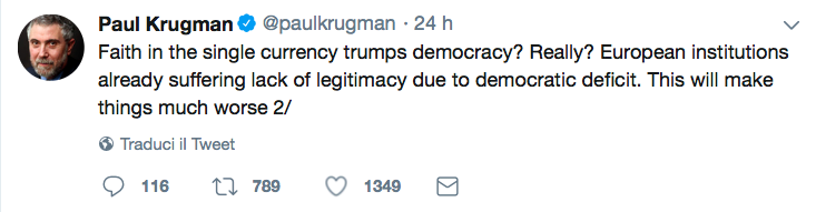 Il secondo tweet di Krugman contro Mattarella