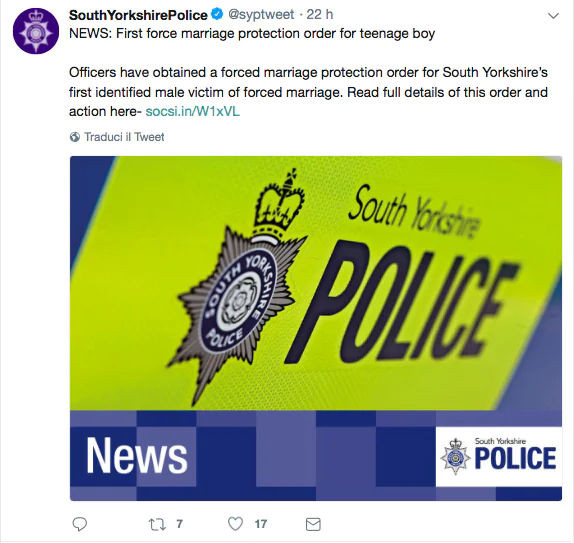 Il post della South Yorkshire Police