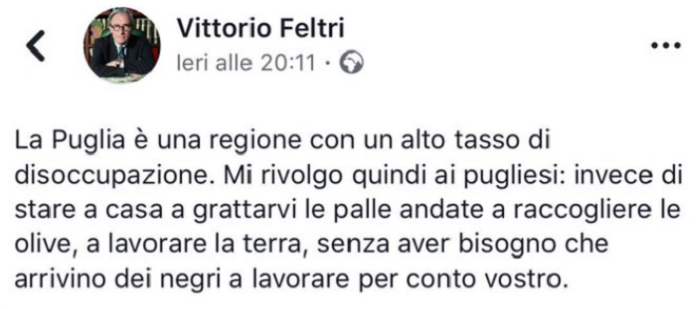 Feltri contro i pugliesi