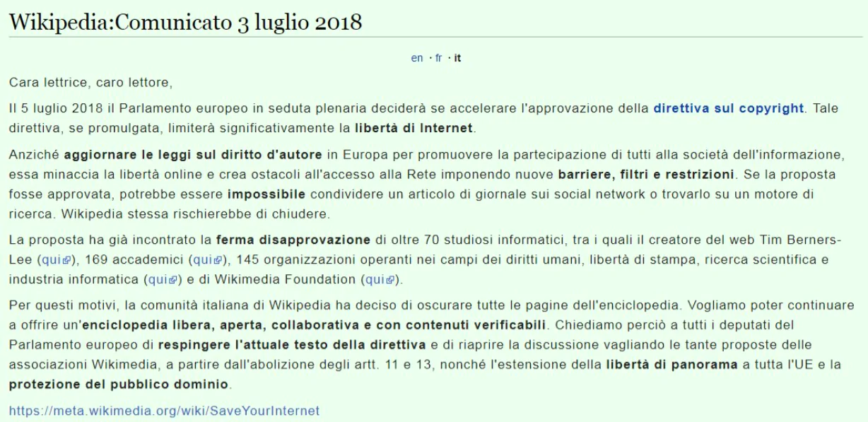 Il comunicato di Wikipedia Italia