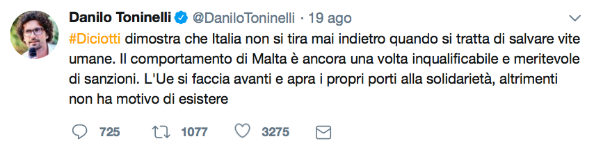 Il tweet di Toninelli