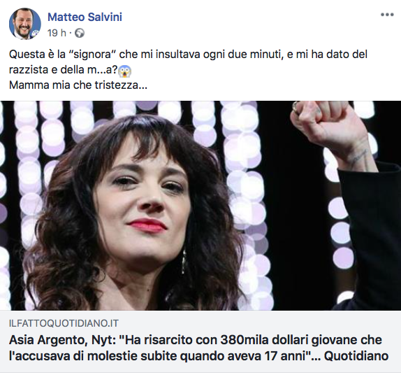 Salvini contro Asia Argento