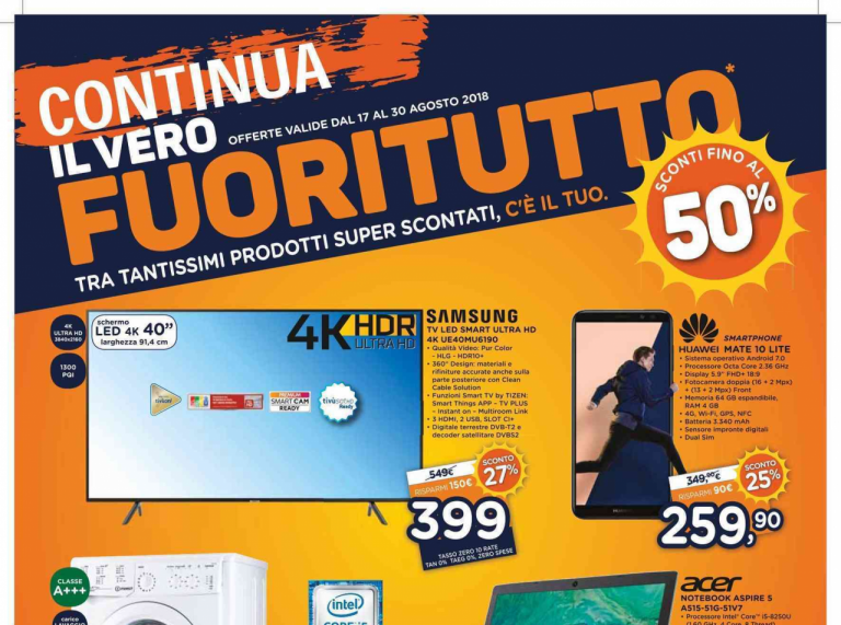 Volantino Unieuro Continua Fuoritutto agosto 2018 evd 1280x951 768x571
