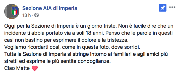 Il post dell'AIA per Matteo