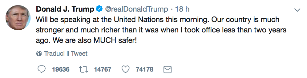 Il tweet sul progresso degli Usa