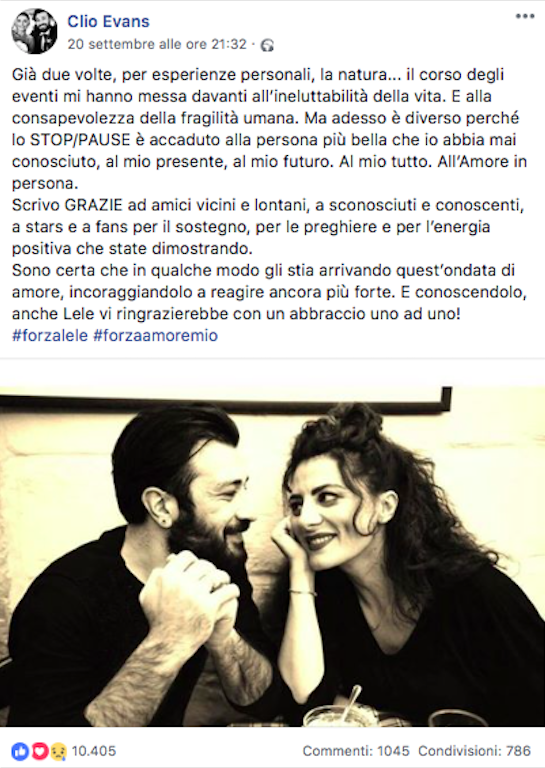 Il post della moglie Clio Evans