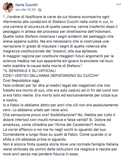 Il post di Ilaria Cucchi 1