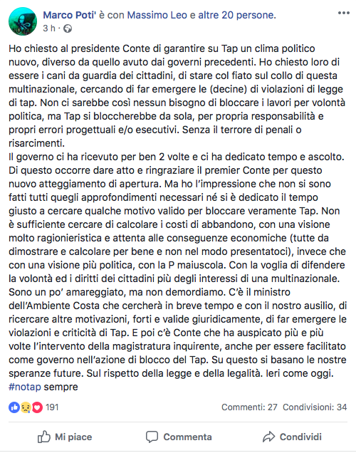 Tap, il post del sindaco Potì