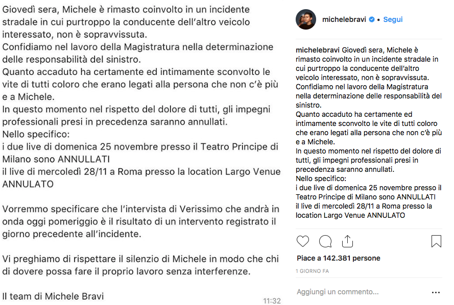 Il post di Michele Bravi