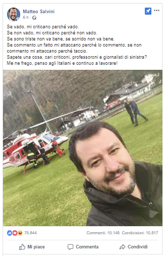 Matteo Salvini risponde alle critiche giute tramite social