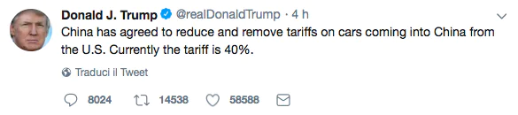 Tweet Trump dazi Cina