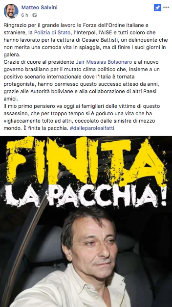 Il post di Salvini