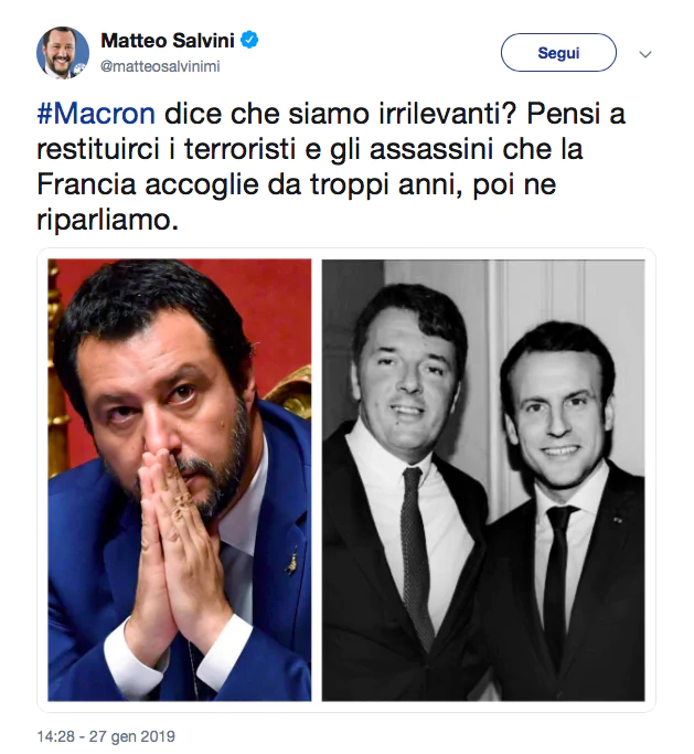 Il tweet di Salvini su Macron