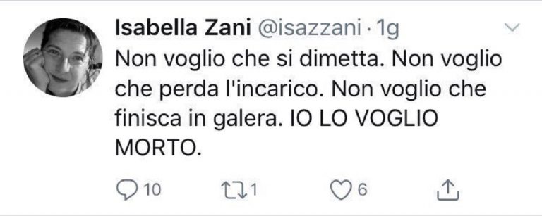 Il tweet shock di Isabella Zani: "Voglio Salvini morto"