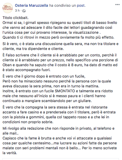 La smentita del ristorante