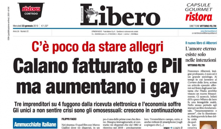 Prima pagina Libero, aumentano i gay