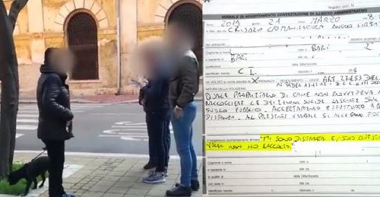 Bari, 300 euro di multa per non aver raccolto la cacca del cane