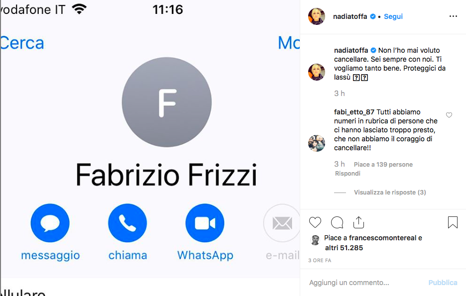 ll post di Nadia Toffa su Frizzi