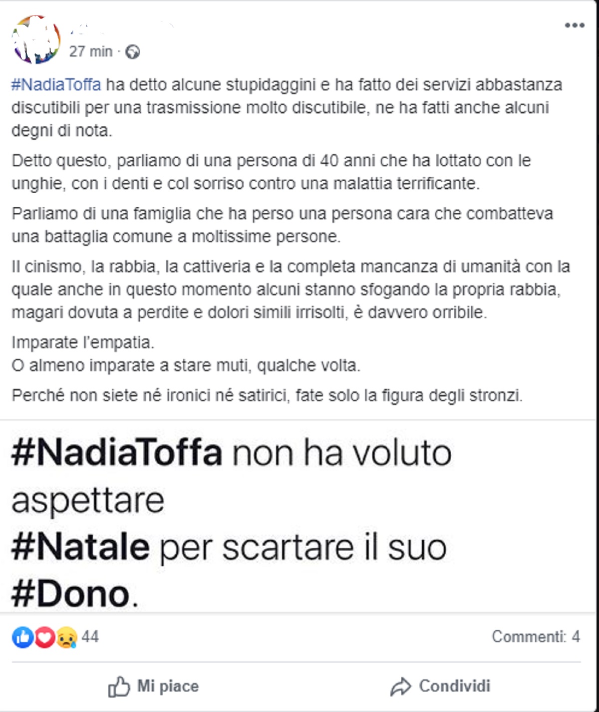 commenti nadia toffa