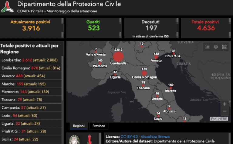 Coronavirus mappa Protezione Civile