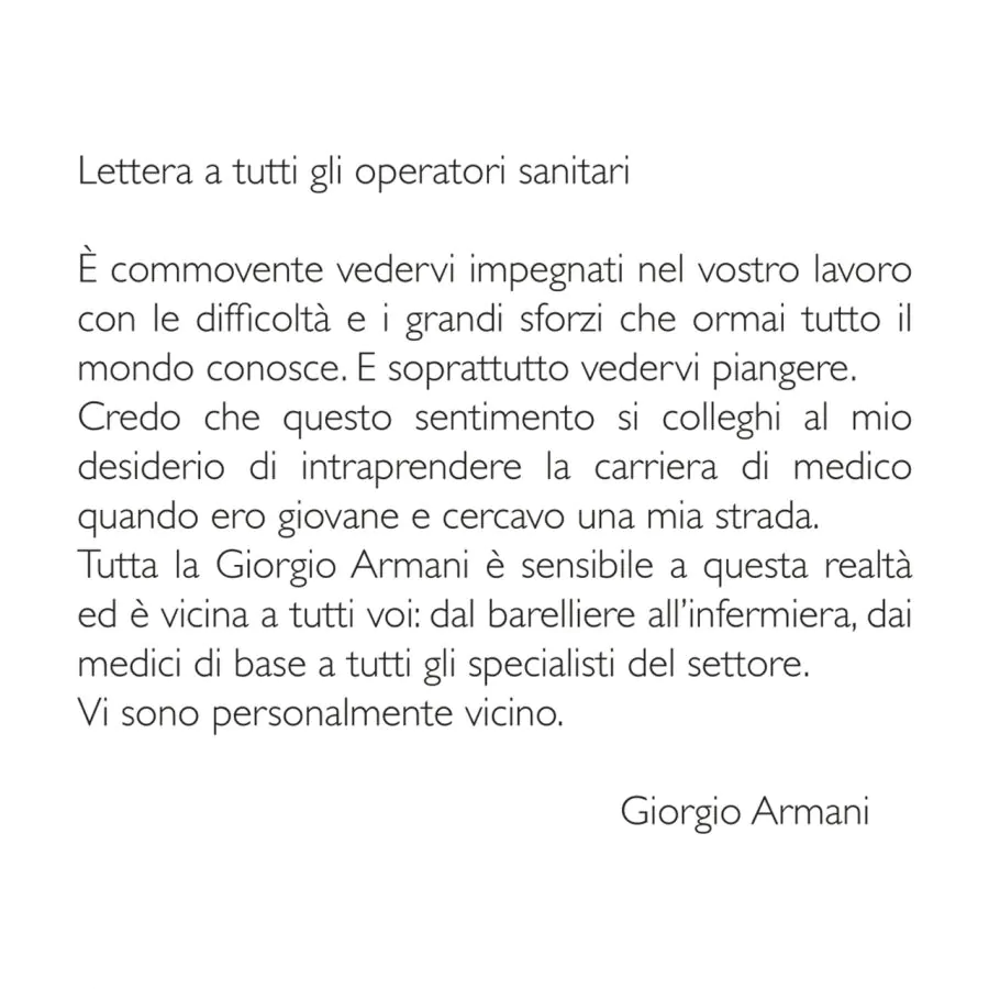 lettera Giorgio Armani Coronavirus