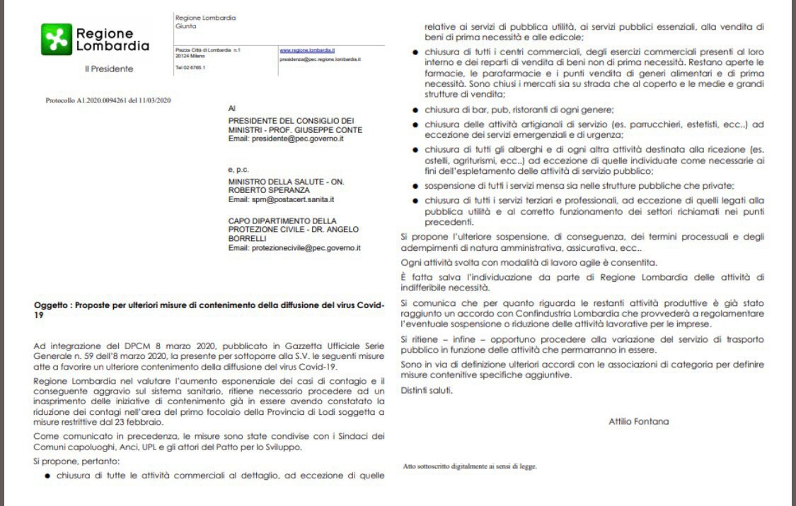 lettera regione lombardia