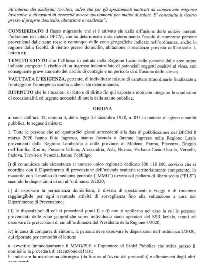 Ordinanza Regione Lazio