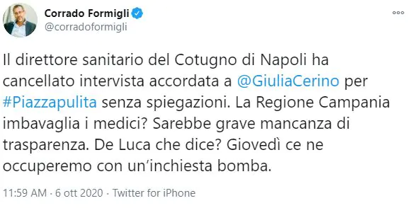 Tweet Formigli medici Campania